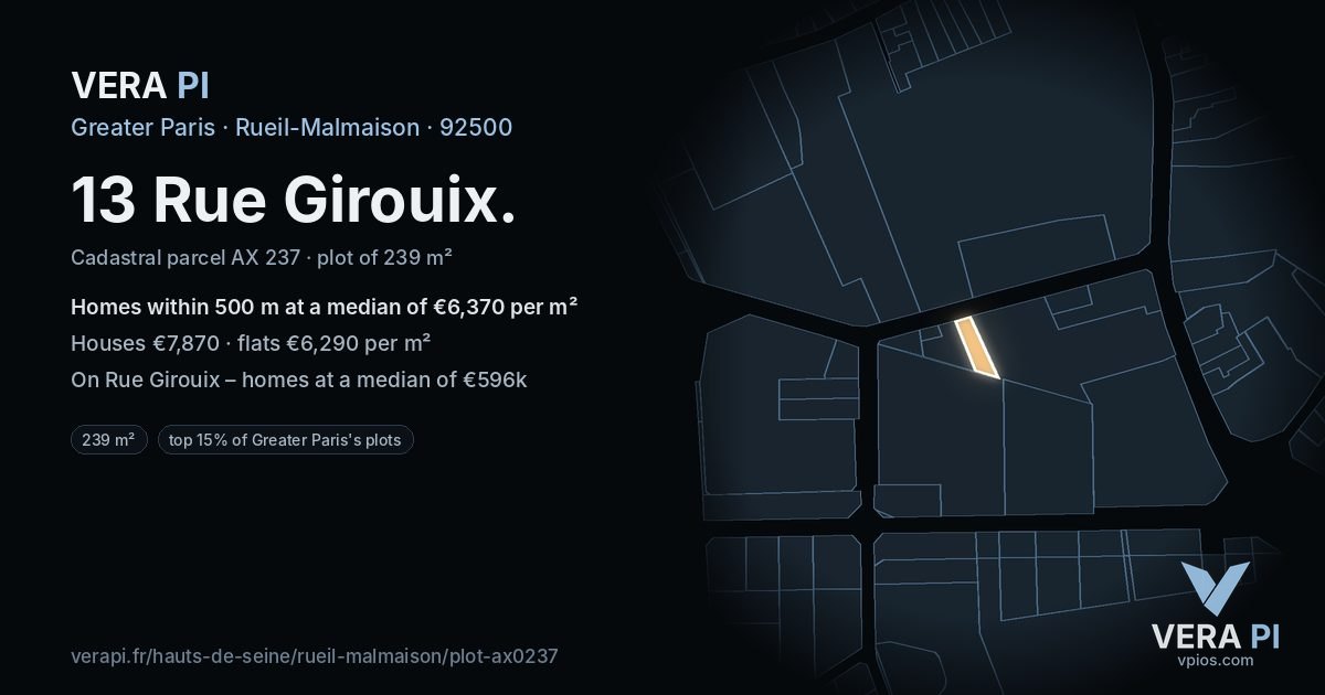 13 Rue Girouix, Rueil-Malmaison at night – the plot lit, the parcels around coloured by the prices near them