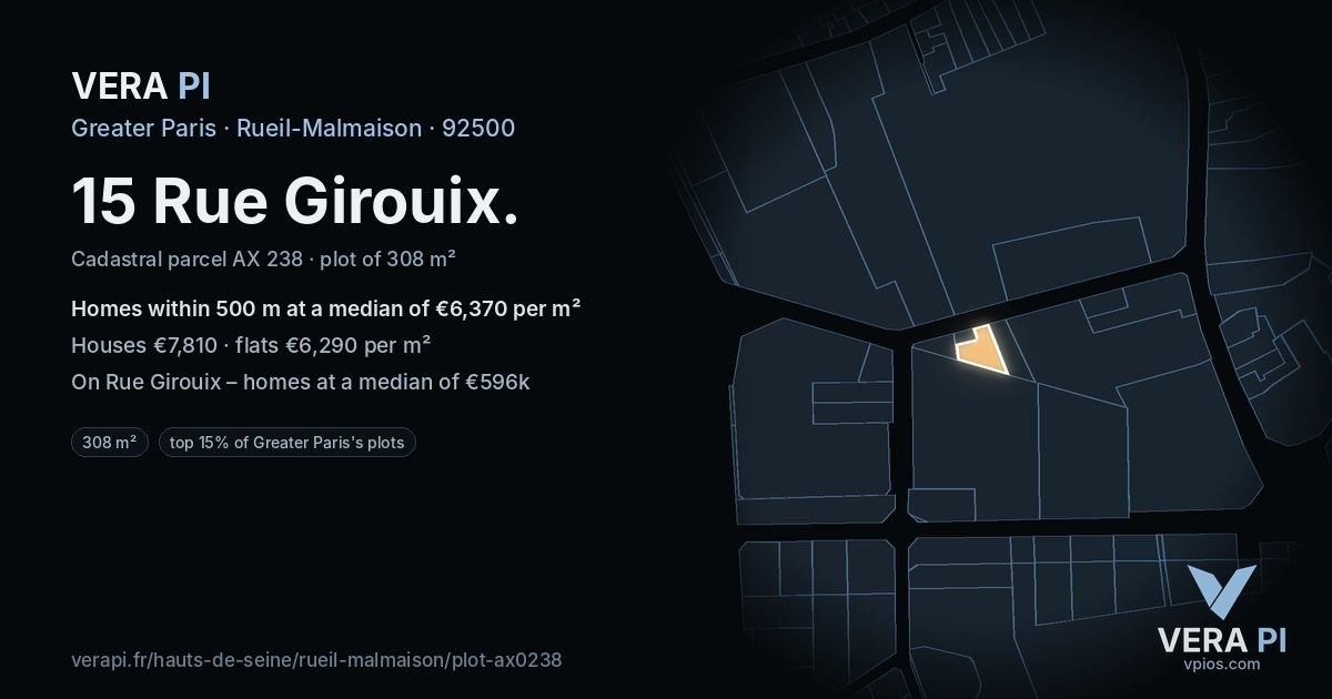 15 Rue Girouix, Rueil-Malmaison at night – the plot lit, the parcels around coloured by the prices near them