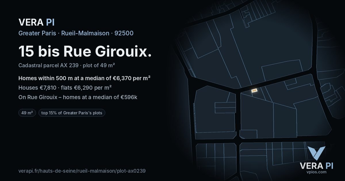 15 bis Rue Girouix, Rueil-Malmaison at night – the plot lit, the parcels around coloured by the prices near them
