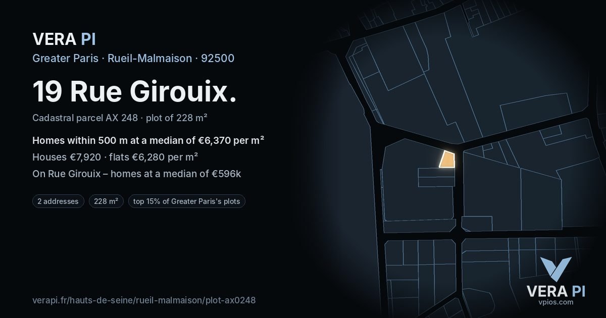 19 Rue Girouix, Rueil-Malmaison at night – the plot lit, the parcels around coloured by the prices near them