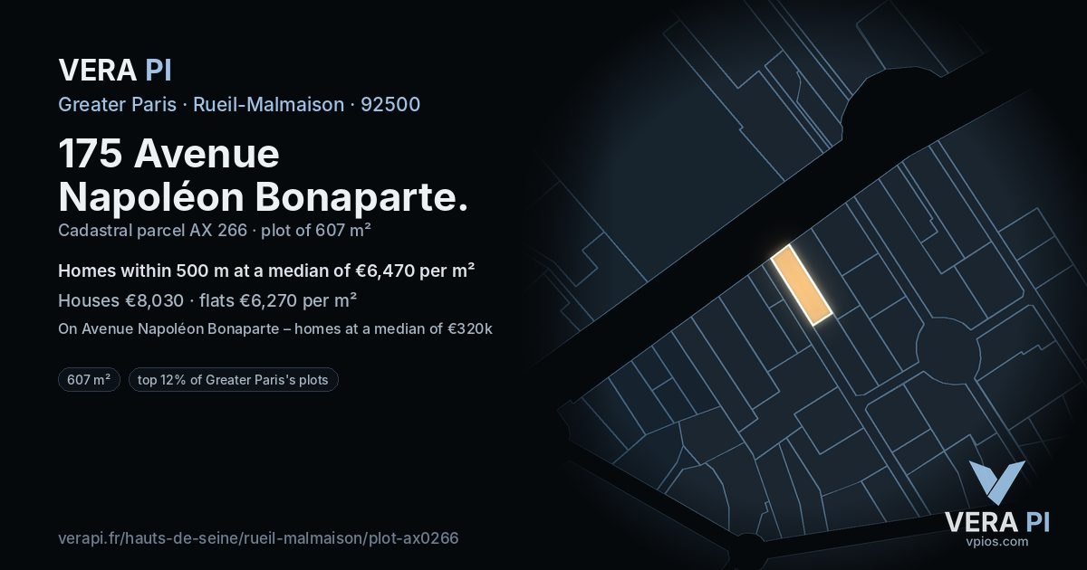 175 Avenue Napoléon Bonaparte, Rueil-Malmaison at night – the plot lit, the parcels around coloured by the prices near them