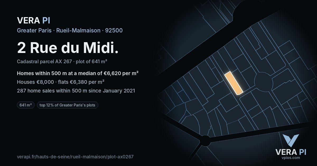 2 Rue du Midi, Rueil-Malmaison at night – the plot lit, the parcels around coloured by the prices near them