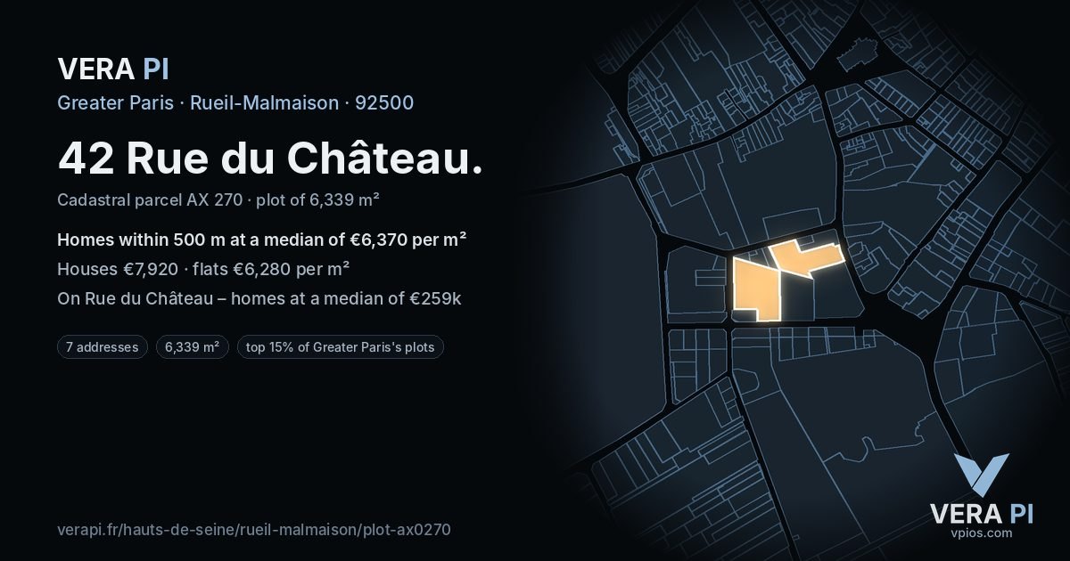 42 Rue du Château, Rueil-Malmaison at night – the plot lit, the parcels around coloured by the prices near them