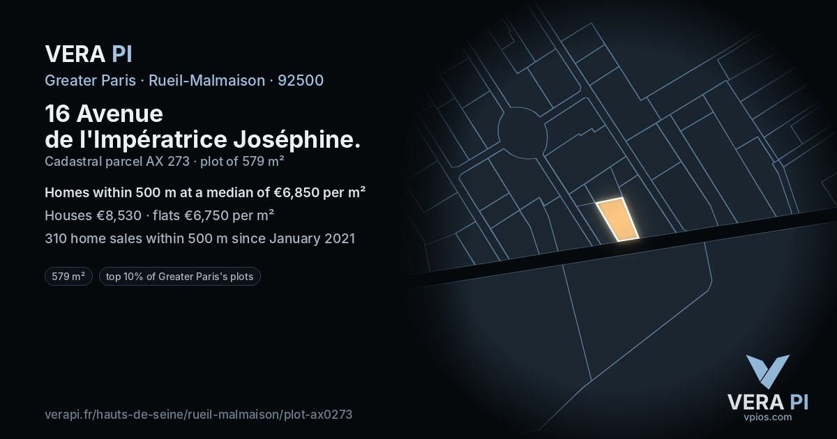 16 Avenue de l'Impératrice Joséphine, Rueil-Malmaison at night – the plot lit, the parcels around coloured by the prices near them