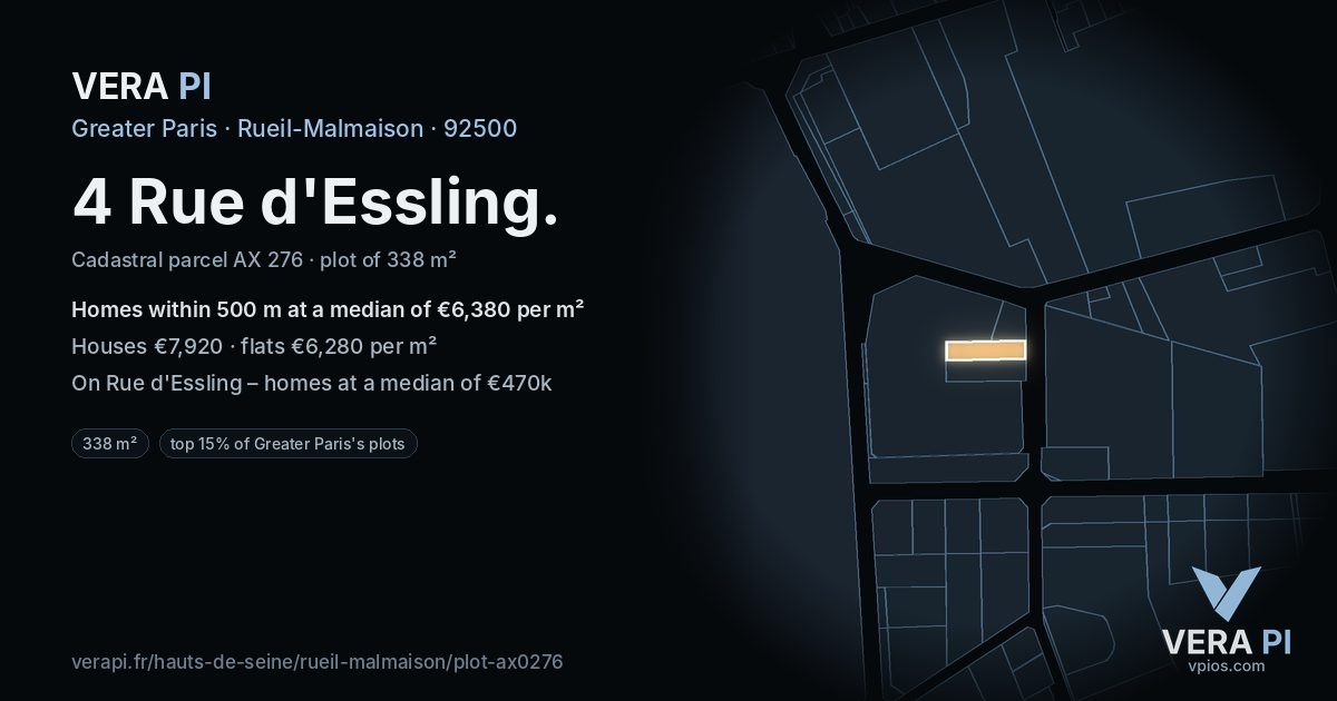 4 Rue d'Essling, Rueil-Malmaison at night – the plot lit, the parcels around coloured by the prices near them