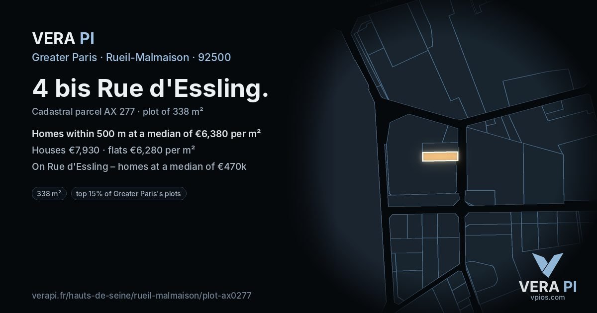 4 bis Rue d'Essling, Rueil-Malmaison at night – the plot lit, the parcels around coloured by the prices near them