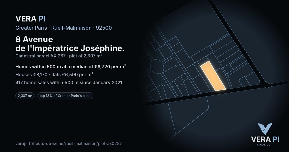 8 Avenue de l'Impératrice Joséphine, Rueil-Malmaison at night – the plot lit, the parcels around coloured by the prices near them