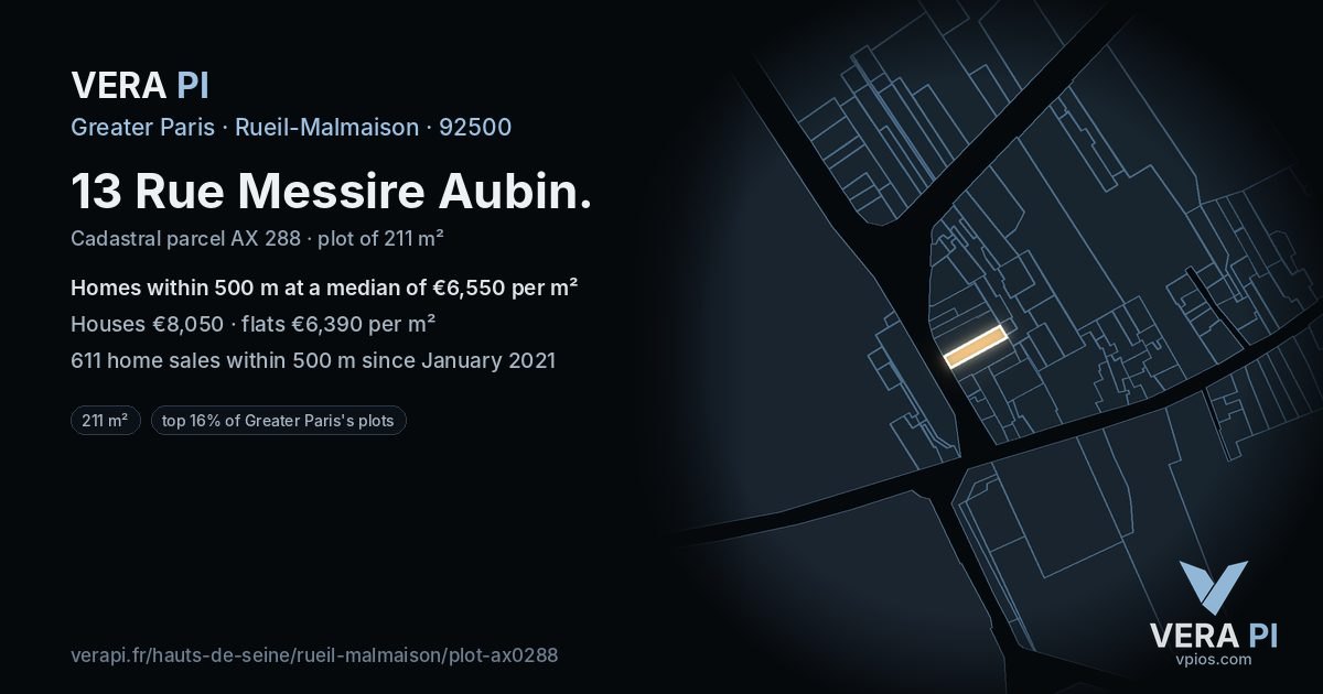 13 Rue Messire Aubin, Rueil-Malmaison at night – the plot lit, the parcels around coloured by the prices near them