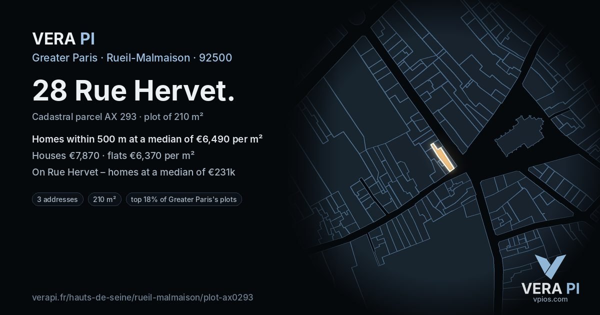 28 Rue Hervet, Rueil-Malmaison at night – the plot lit, the parcels around coloured by the prices near them