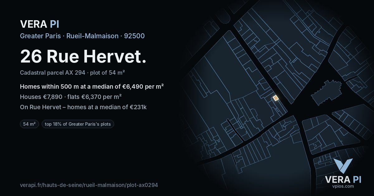 26 Rue Hervet, Rueil-Malmaison at night – the plot lit, the parcels around coloured by the prices near them