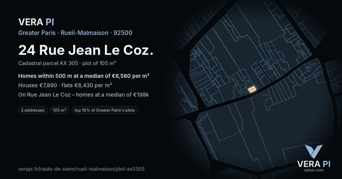 24 Rue Jean Le Coz, Rueil-Malmaison at night – the plot lit, the parcels around coloured by the prices near them