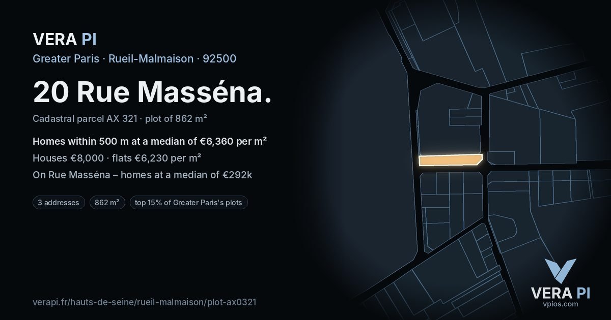 20 Rue Masséna, Rueil-Malmaison at night – the plot lit, the parcels around coloured by the prices near them