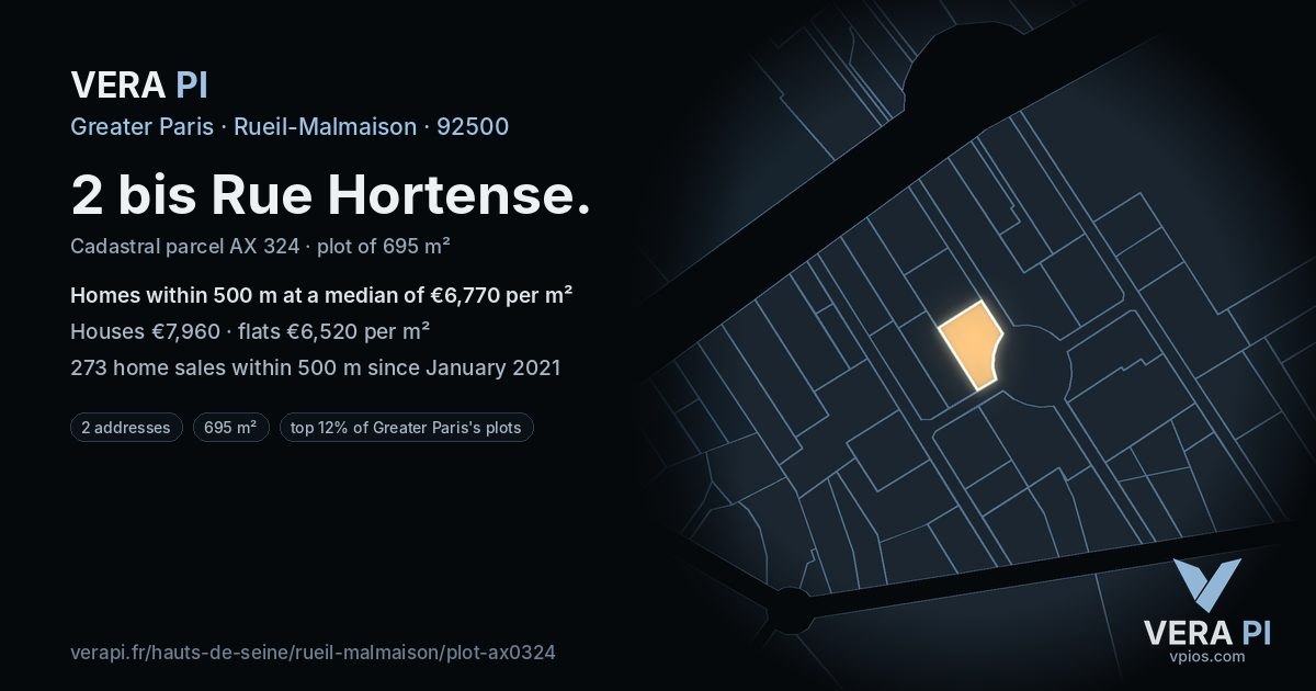 2 bis Rue Hortense, Rueil-Malmaison at night – the plot lit, the parcels around coloured by the prices near them