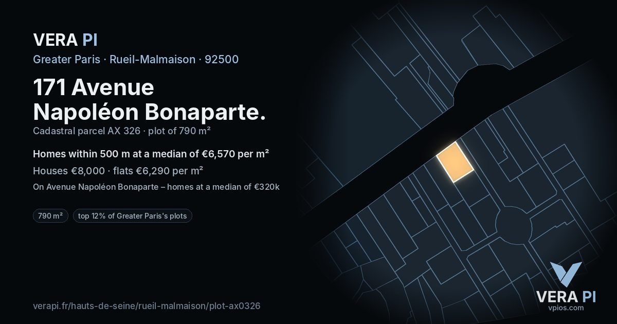 171 Avenue Napoléon Bonaparte, Rueil-Malmaison at night – the plot lit, the parcels around coloured by the prices near them