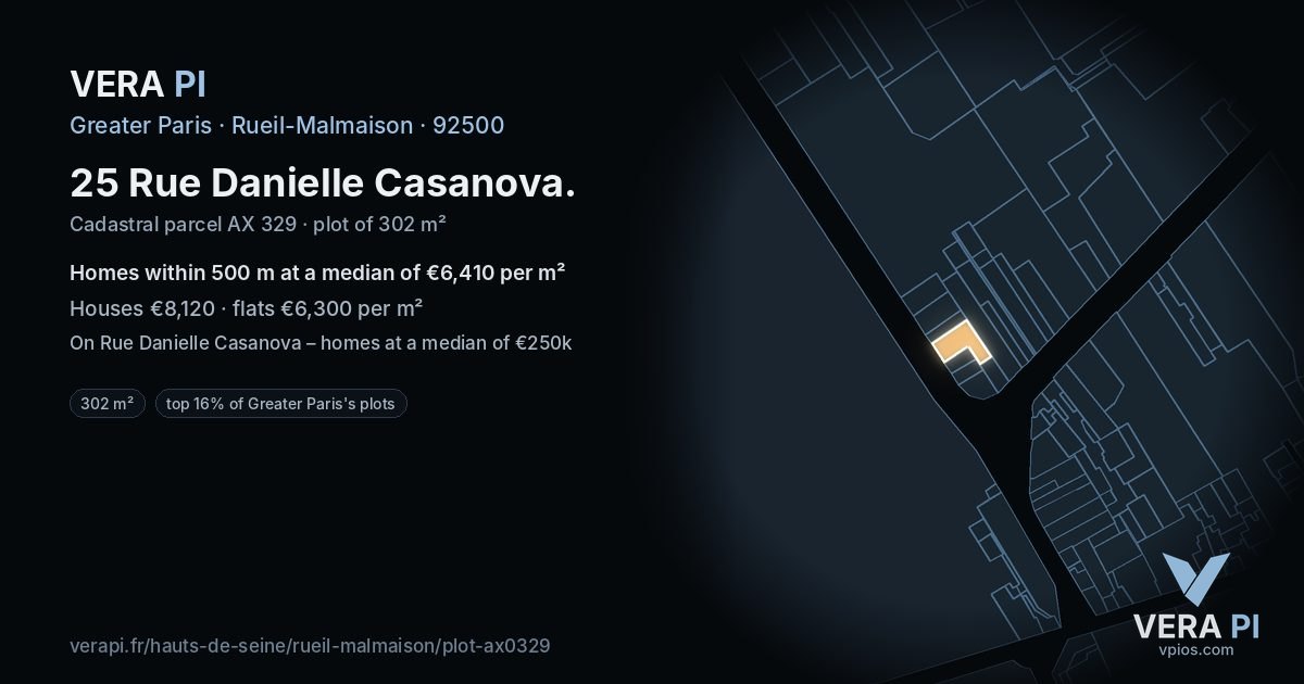 25 Rue Danielle Casanova, Rueil-Malmaison at night – the plot lit, the parcels around coloured by the prices near them