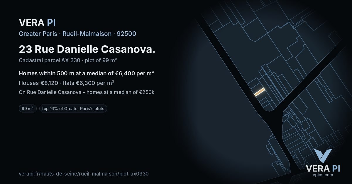 23 Rue Danielle Casanova, Rueil-Malmaison at night – the plot lit, the parcels around coloured by the prices near them