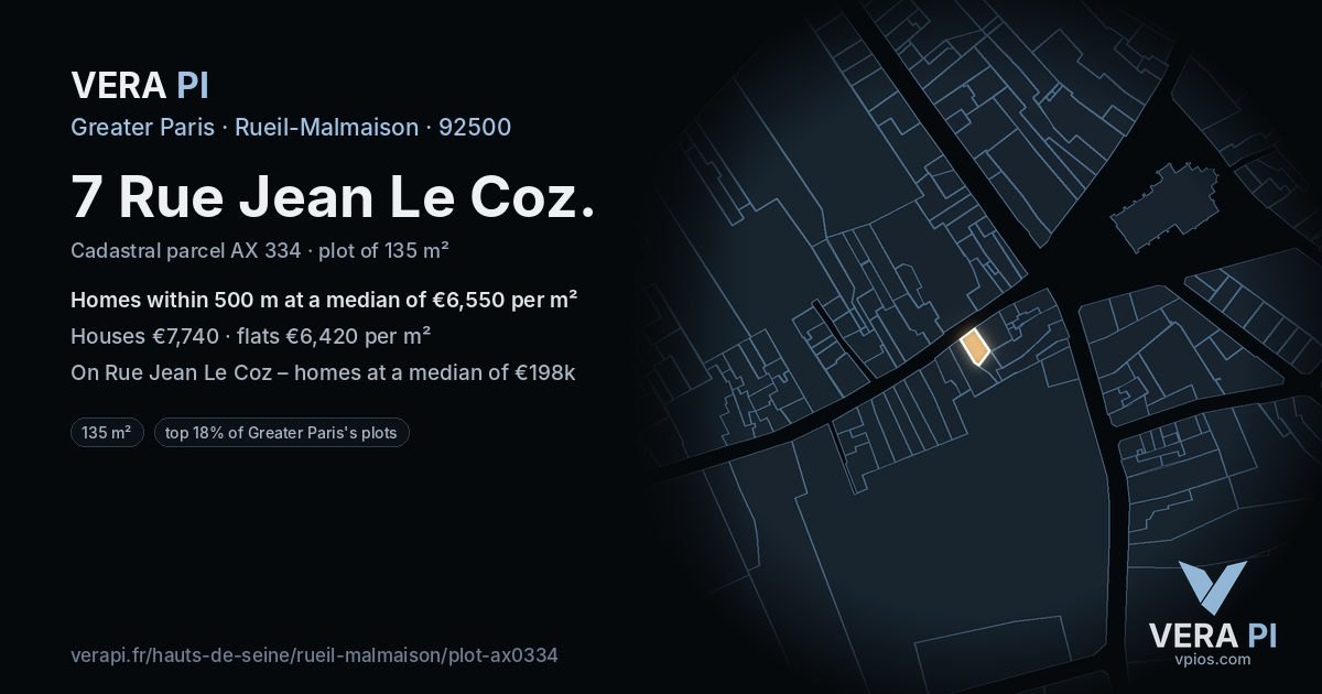 7 Rue Jean Le Coz, Rueil-Malmaison at night – the plot lit, the parcels around coloured by the prices near them