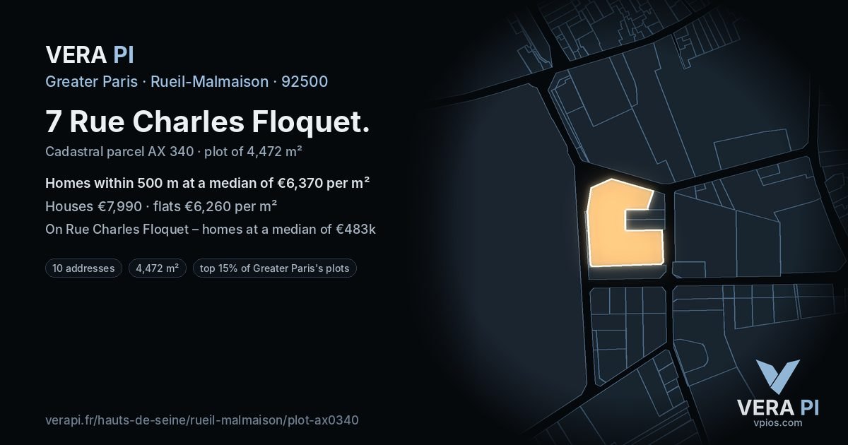 7 Rue Charles Floquet, Rueil-Malmaison at night – the plot lit, the parcels around coloured by the prices near them