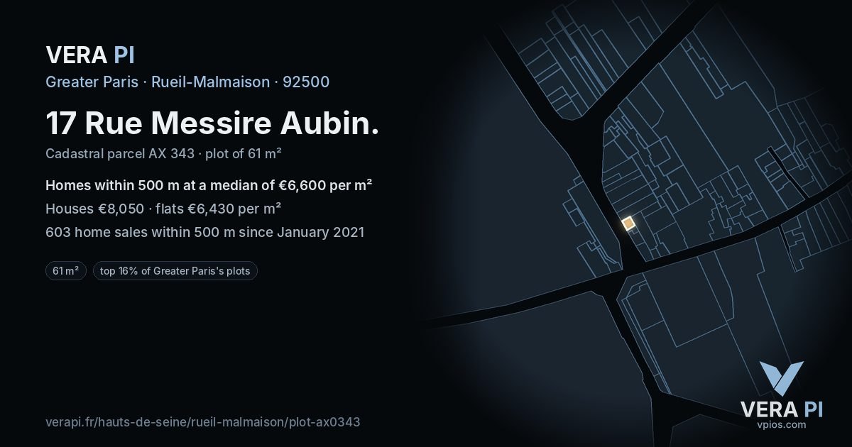 17 Rue Messire Aubin, Rueil-Malmaison at night – the plot lit, the parcels around coloured by the prices near them