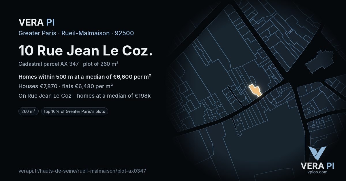 10 Rue Jean Le Coz, Rueil-Malmaison at night – the plot lit, the parcels around coloured by the prices near them