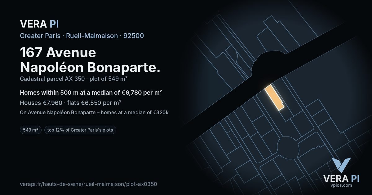 167 Avenue Napoléon Bonaparte, Rueil-Malmaison at night – the plot lit, the parcels around coloured by the prices near them
