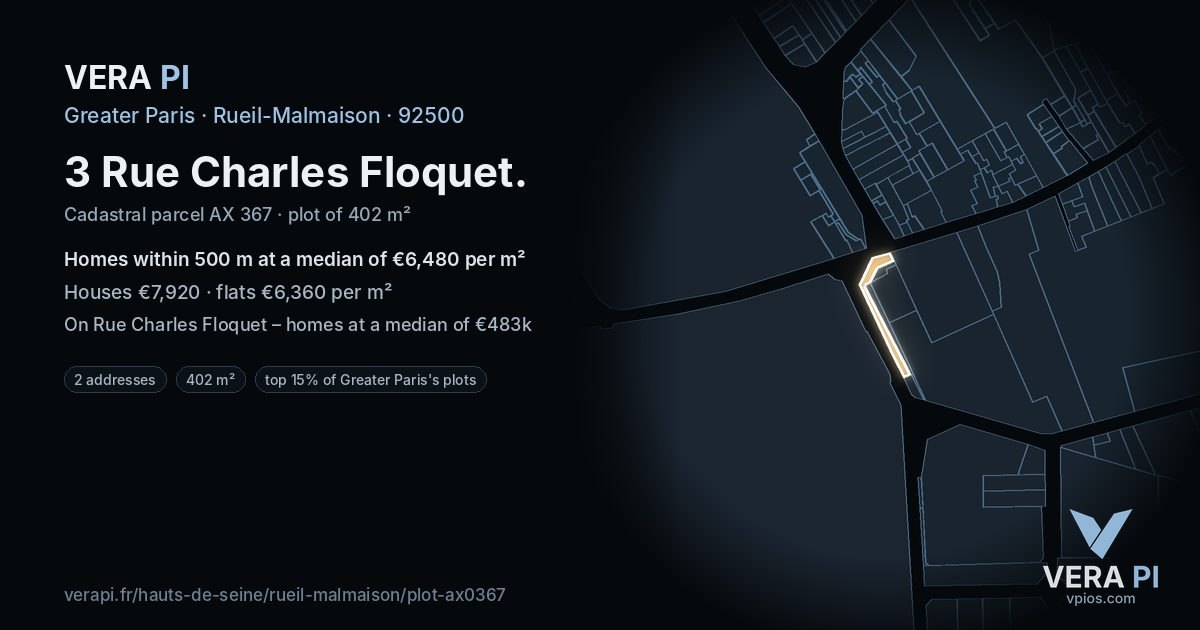 3 Rue Charles Floquet, Rueil-Malmaison at night – the plot lit, the parcels around coloured by the prices near them