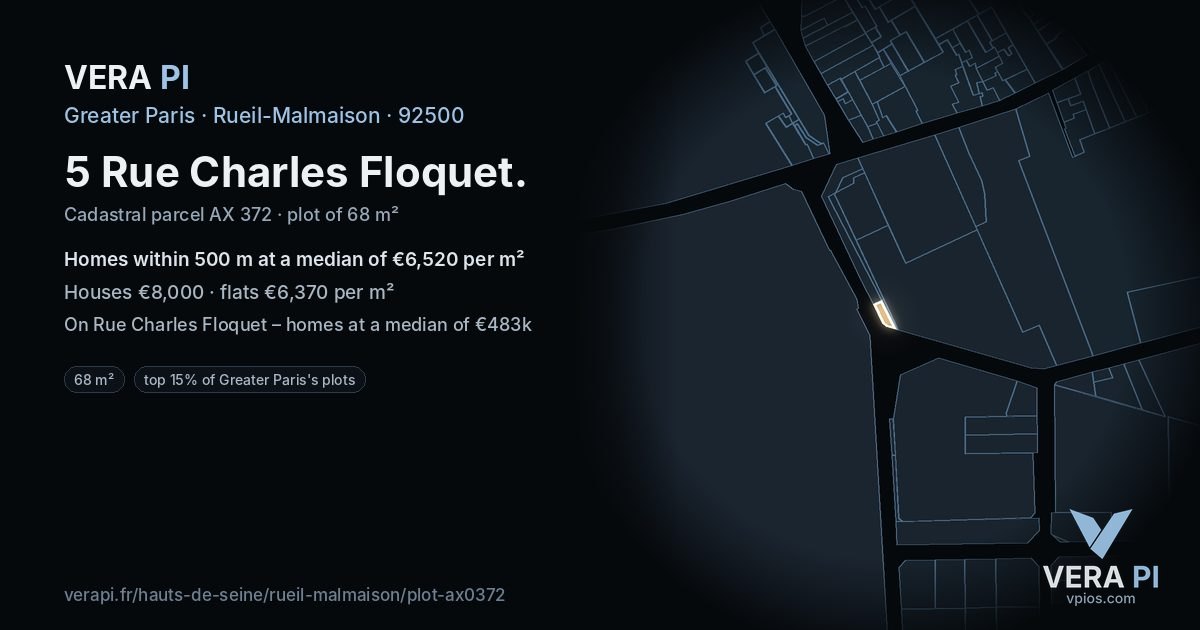 5 Rue Charles Floquet, Rueil-Malmaison at night – the plot lit, the parcels around coloured by the prices near them