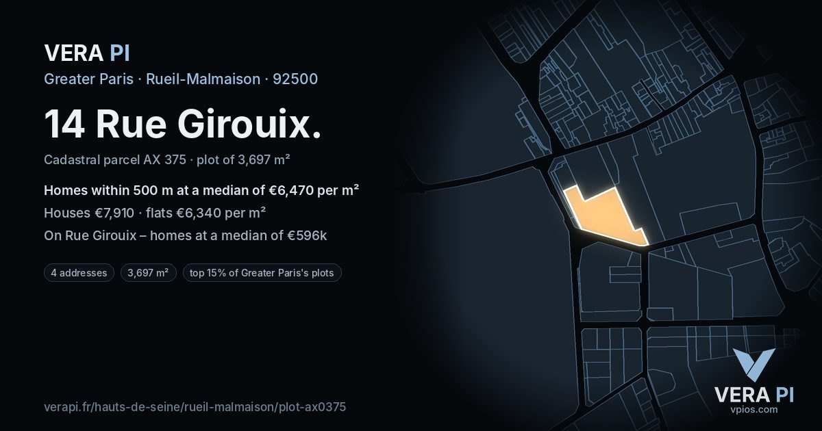 14 Rue Girouix, Rueil-Malmaison at night – the plot lit, the parcels around coloured by the prices near them