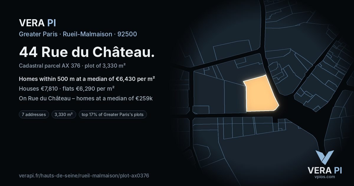 44 Rue du Château, Rueil-Malmaison at night – the plot lit, the parcels around coloured by the prices near them
