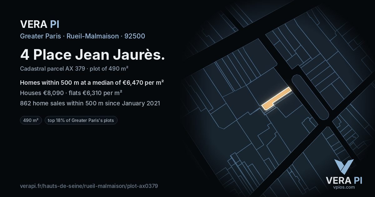 4 Place Jean Jaurès, Rueil-Malmaison at night – the plot lit, the parcels around coloured by the prices near them