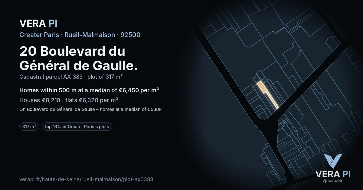 20 Boulevard du Général de Gaulle, Rueil-Malmaison at night – the plot lit, the parcels around coloured by the prices near them