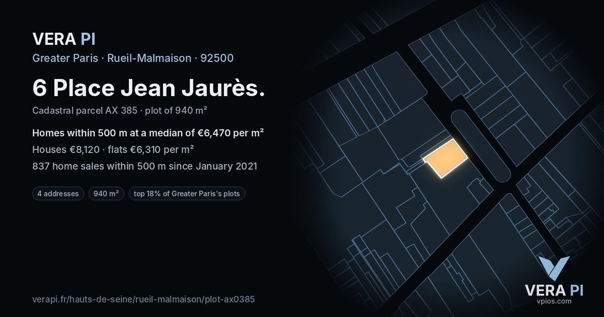 6 Place Jean Jaurès, Rueil-Malmaison at night – the plot lit, the parcels around coloured by the prices near them