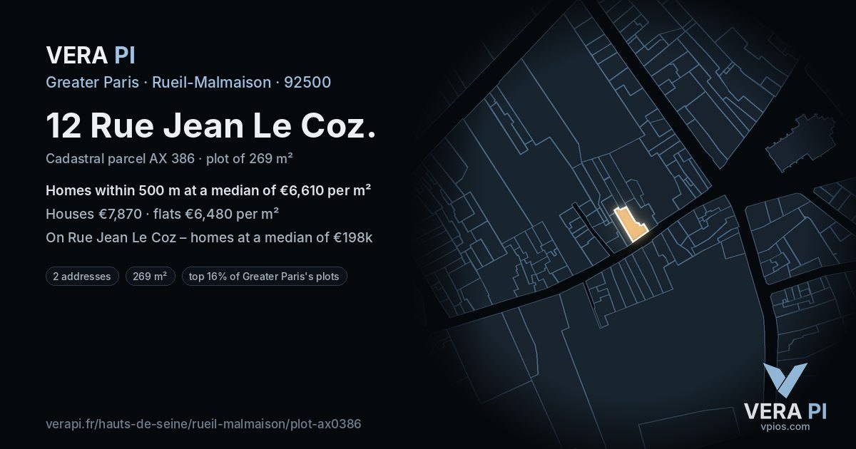 12 Rue Jean Le Coz, Rueil-Malmaison at night – the plot lit, the parcels around coloured by the prices near them