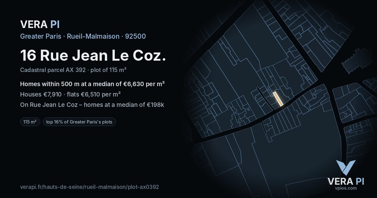 16 Rue Jean Le Coz, Rueil-Malmaison at night – the plot lit, the parcels around coloured by the prices near them
