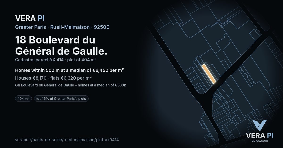 18 Boulevard du Général de Gaulle, Rueil-Malmaison at night – the plot lit, the parcels around coloured by the prices near them