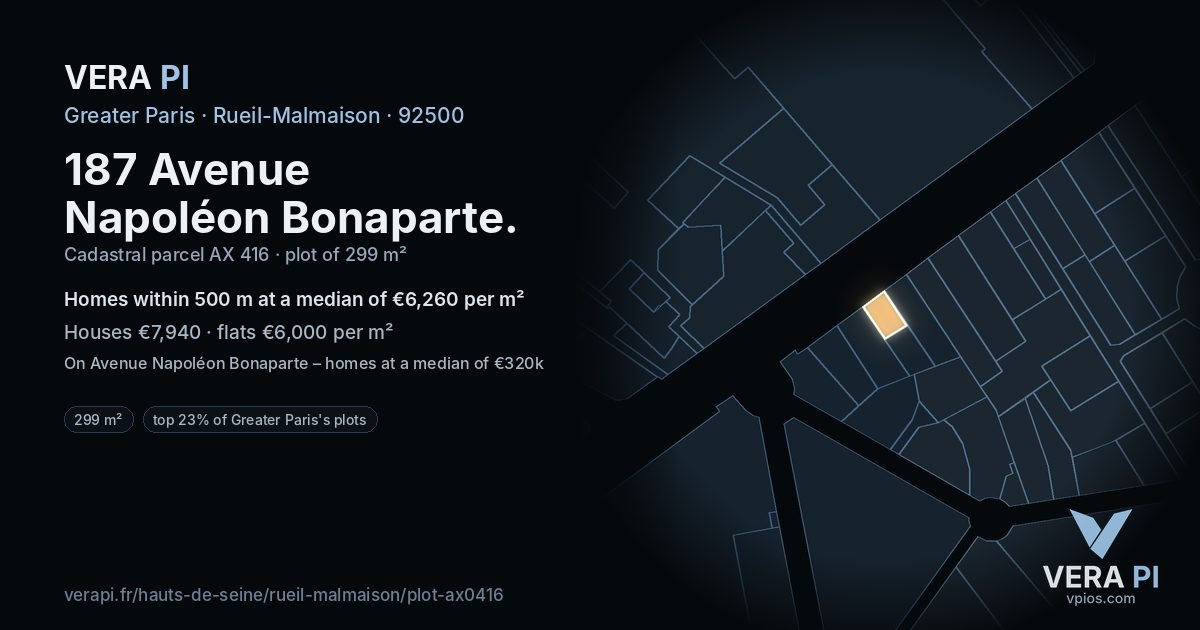 187 Avenue Napoléon Bonaparte, Rueil-Malmaison at night – the plot lit, the parcels around coloured by the prices near them
