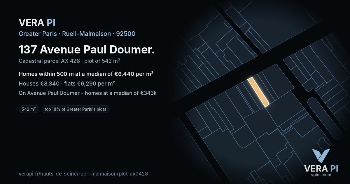 137 Avenue Paul Doumer, Rueil-Malmaison at night – the plot lit, the parcels around coloured by the prices near them
