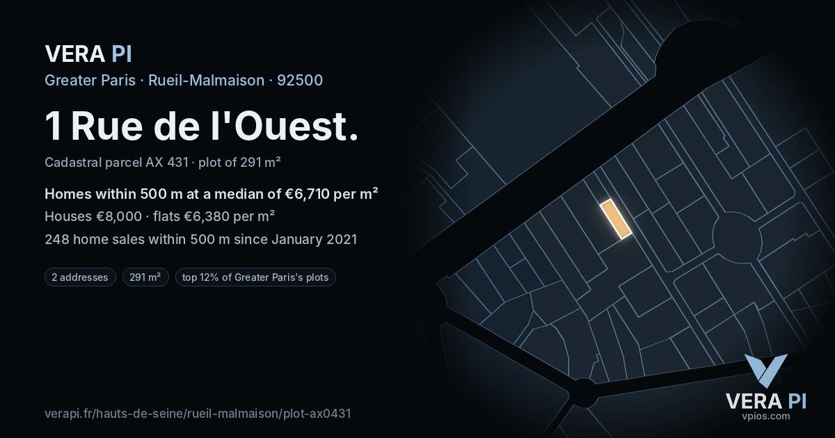 1 Rue de l'Ouest, Rueil-Malmaison at night – the plot lit, the parcels around coloured by the prices near them