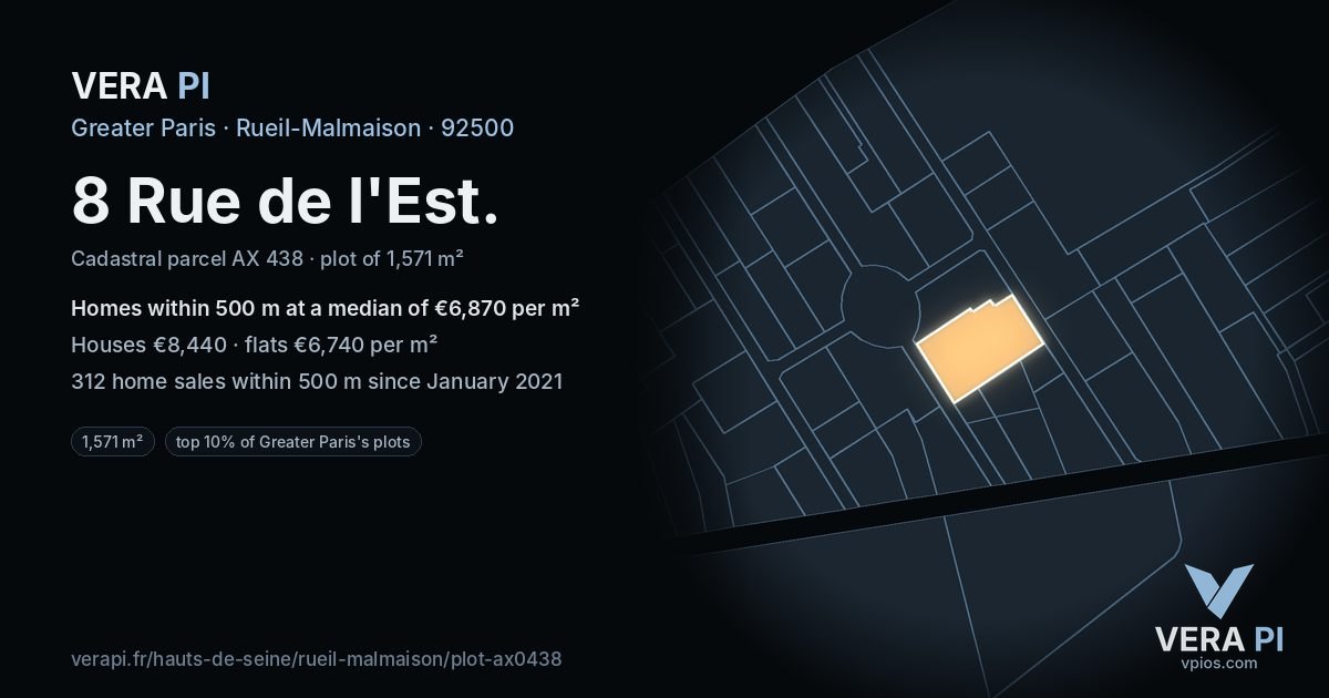 8 Rue de l'Est, Rueil-Malmaison at night – the plot lit, the parcels around coloured by the prices near them