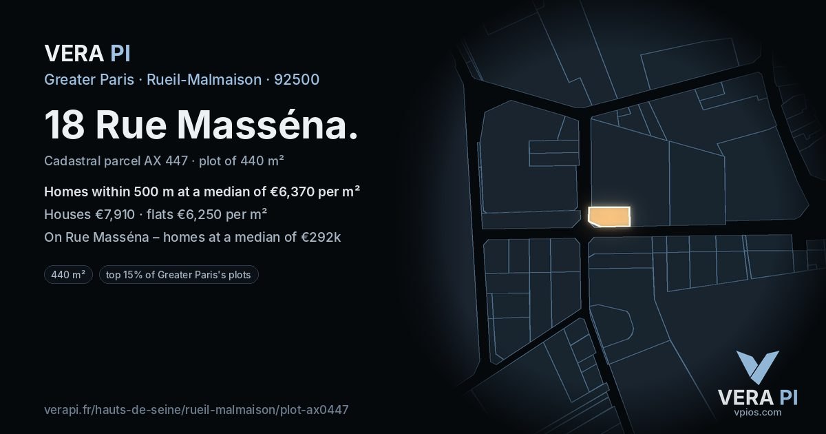 18 Rue Masséna, Rueil-Malmaison at night – the plot lit, the parcels around coloured by the prices near them