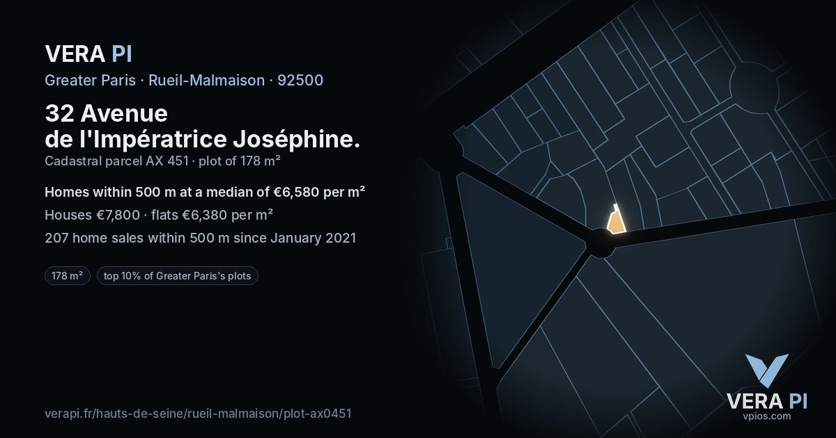 32 Avenue de l'Impératrice Joséphine, Rueil-Malmaison at night – the plot lit, the parcels around coloured by the prices near them