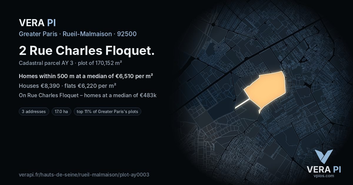 2 Rue Charles Floquet, Rueil-Malmaison at night – the plot lit, the parcels around coloured by the prices near them