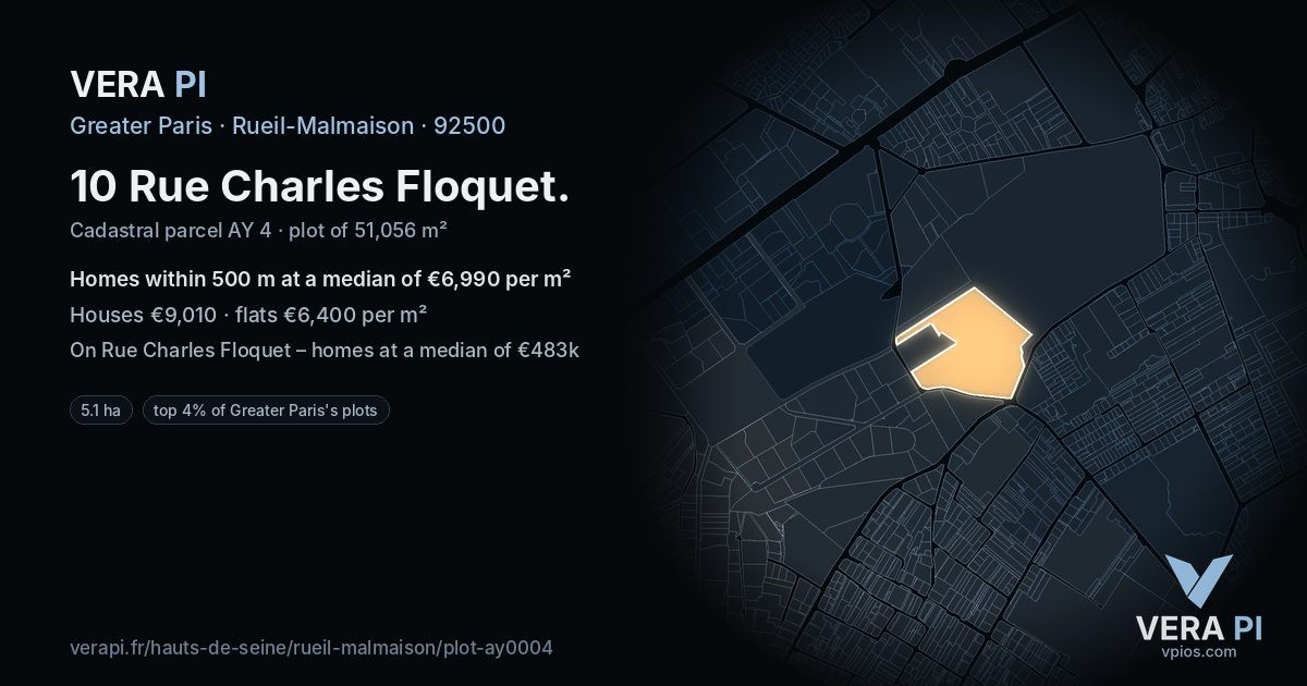 10 Rue Charles Floquet, Rueil-Malmaison at night – the plot lit, the parcels around coloured by the prices near them