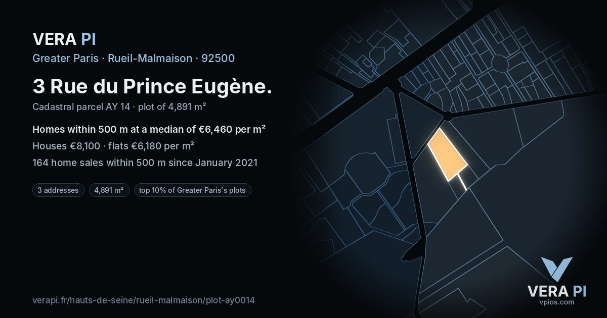 3 Rue du Prince Eugène, Rueil-Malmaison at night – the plot lit, the parcels around coloured by the prices near them