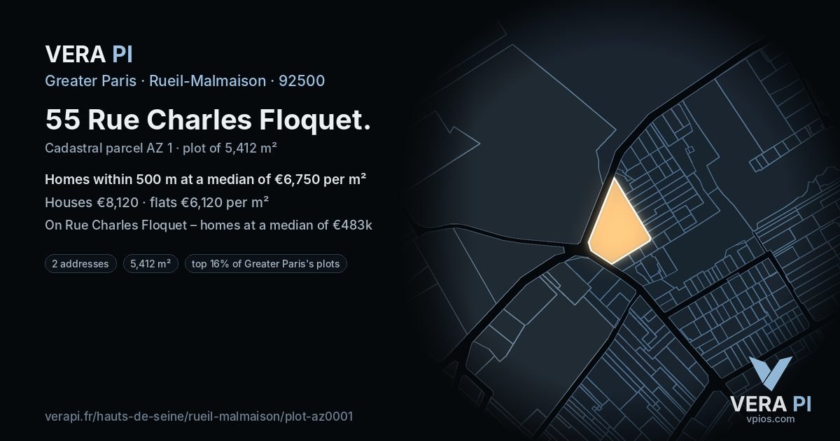 55 Rue Charles Floquet, Rueil-Malmaison at night – the plot lit, the parcels around coloured by the prices near them