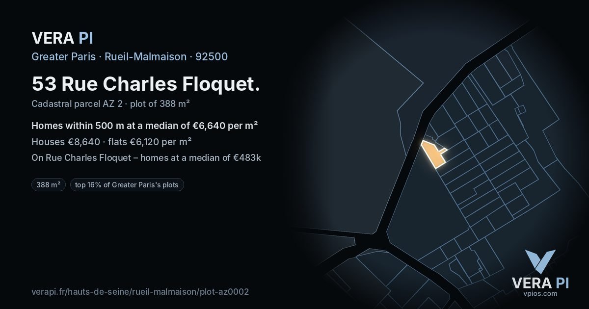 53 Rue Charles Floquet, Rueil-Malmaison at night – the plot lit, the parcels around coloured by the prices near them