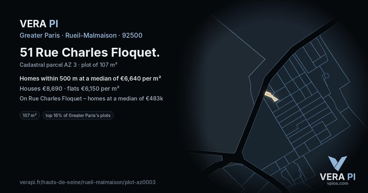 51 Rue Charles Floquet, Rueil-Malmaison at night – the plot lit, the parcels around coloured by the prices near them