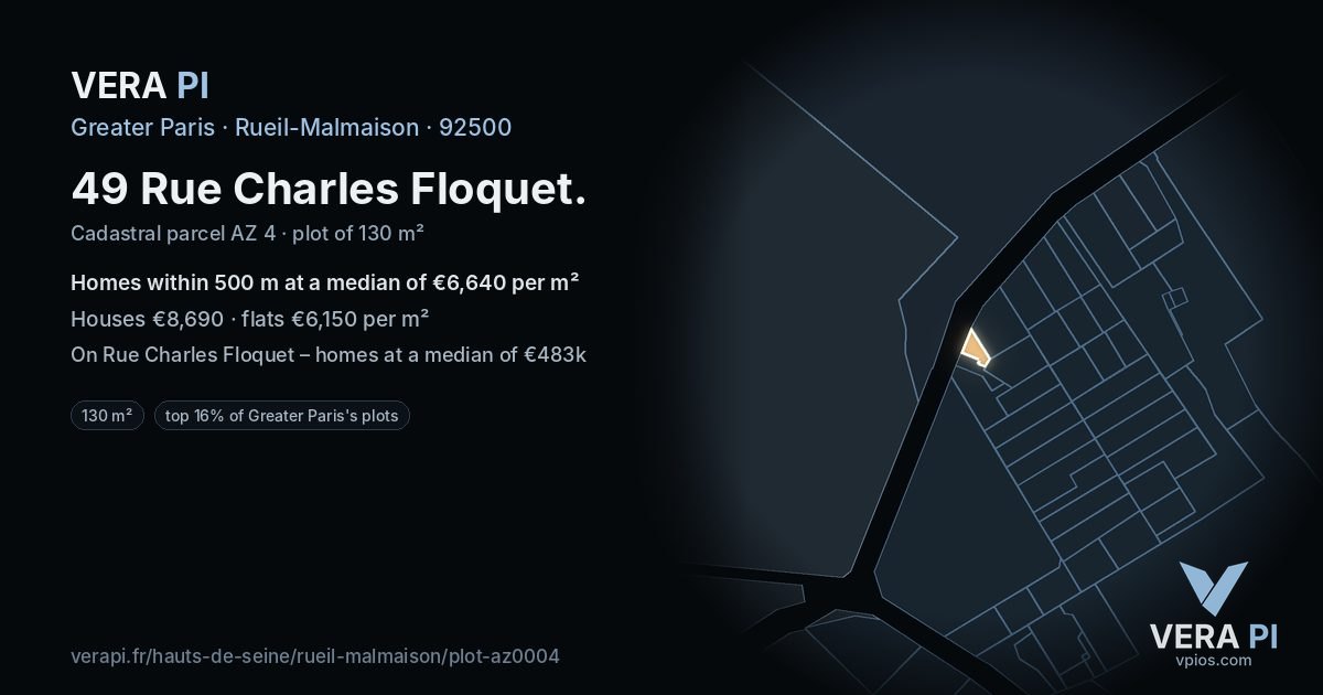 49 Rue Charles Floquet, Rueil-Malmaison at night – the plot lit, the parcels around coloured by the prices near them