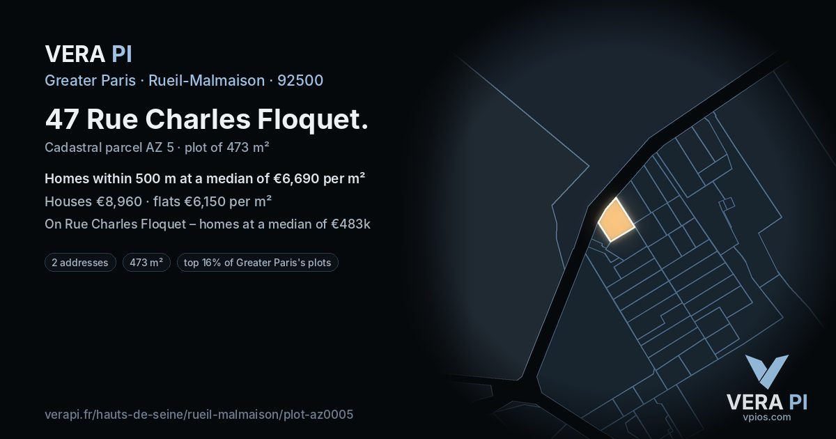 47 Rue Charles Floquet, Rueil-Malmaison at night – the plot lit, the parcels around coloured by the prices near them