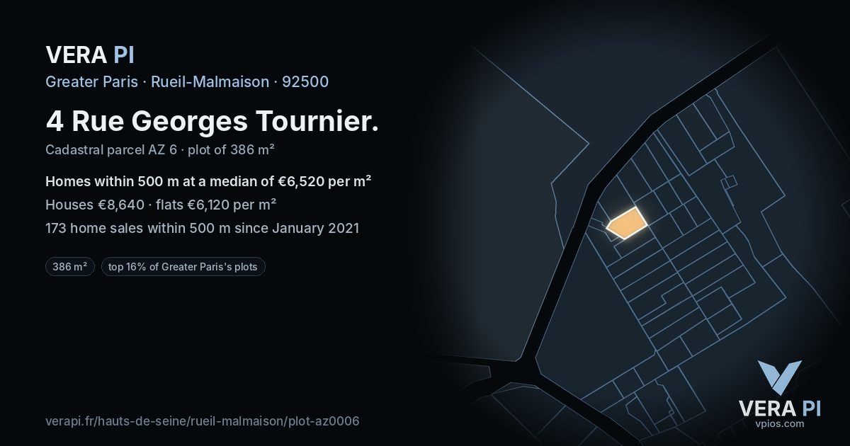 4 Rue Georges Tournier, Rueil-Malmaison at night – the plot lit, the parcels around coloured by the prices near them